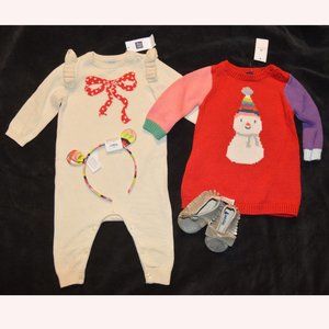 Baby Gap NWT Bow Romper Snowman Dress Moccasin Headband 4 Piece Lot 3-6 Months